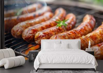 Sizzling hot sausages being cooked on an outdoor grill, great for summer BBQs or picnics Wall mural