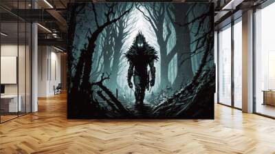 the monster is walking through a scary forest with monsters. AI generated Wall mural