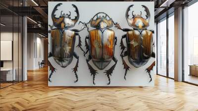 Three beetles sitting in a row, suitable for nature and insect themes Wall mural