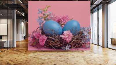 Three blue eggs in a nest surrounded by flowers on a pink background. Suitable for Easter-themed designs or spring-related concepts Wall mural