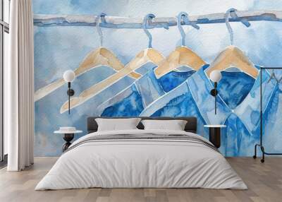 Three shirts hanging on a clothes rack, illustration style Wall mural