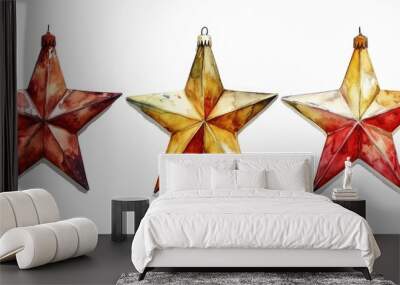 Three star ornaments hanging on a wall. Perfect for holiday decorations or festive home decor Wall mural