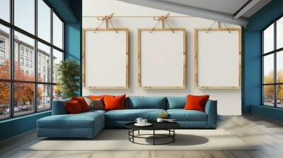 Three wooden frames hanging on a rope. Suitable for home decor projects Wall mural