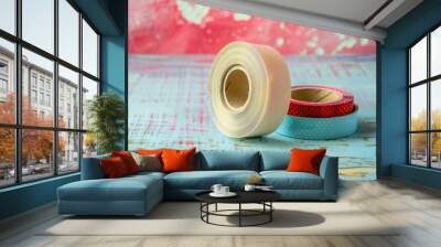 Two adhesive rolls sit on a table, ready for use Wall mural