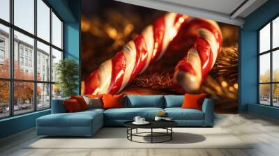 Two candy canes placed on a table. Perfect for holiday decorations and festive themes Wall mural