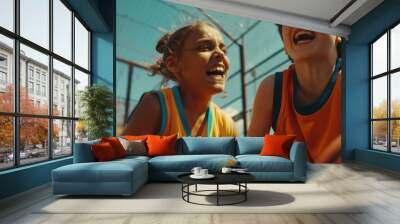 Two children sitting on the edge of a basketball court, looking happy and playful Wall mural