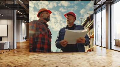 Two construction workers in hard hats studying blueprints or plans for a building project Wall mural