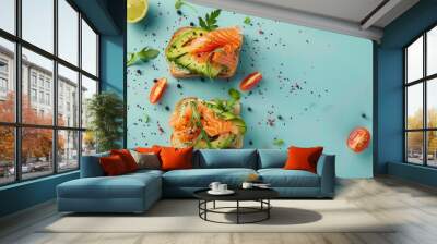 Two delicious sandwiches filled with salmon, avocado, and tomatoes for a quick snack or meal Wall mural