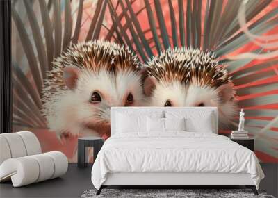 Two hedgehogs sitting on top of a palm leaf. Suitable for nature and animal themes Wall mural