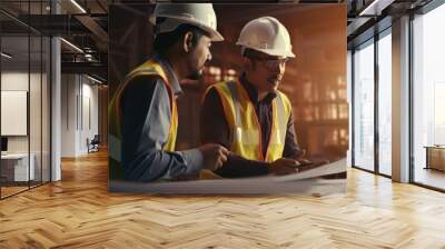 Two men in hard hats are examining a piece of paper. This image can be used to depict professionals discussing plans or reviewing important documents Wall mural