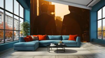 Two men in suits walking down a street at sunset. Suitable for business and urban lifestyle concepts Wall mural