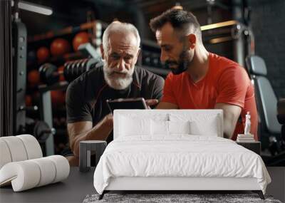 Two men sit on a bench, both focused on their tablet screens Wall mural