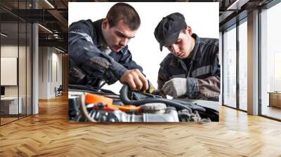 Two men work together to fix a car engine Wall mural