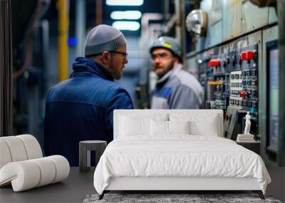 Two men working together on industrial equipment in a manufacturing setting Wall mural