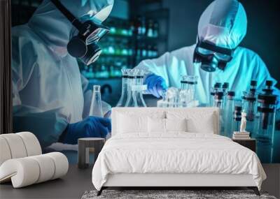 Two people in protective gear working in a laboratory. This image can be used to depict scientific research, laboratory experiments, or medical testing. Wall mural