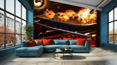 Two trays of food cooking in an oven. Suitable for culinary concepts Wall mural