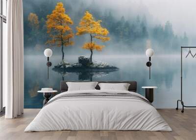 Two trees growing on a rock in the middle of a serene lake. Ideal for nature and landscape concepts Wall mural