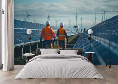 Two workers in orange vests inspecting a row of solar panels on a sunny day Wall mural