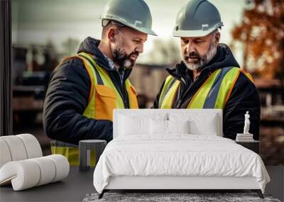 Two workers using tablet on construction site, suitable for technology and construction concepts Wall mural