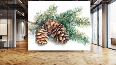 Watercolor illustration of pine cones arranged on a branch, suitable for decorating and design projects Wall mural