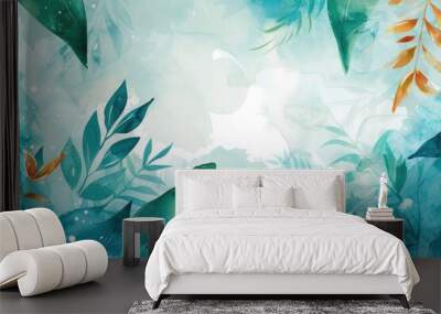 Watercolor illustration of various tropical plants and colorful flowers Wall mural