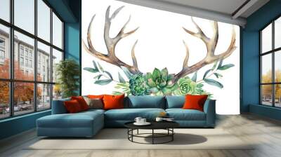 Watercolor painting of a deer antler adorned with succulents, perfect for nature-themed designs Wall mural