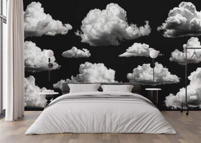 white clouds contrasting against a dark black background, suitable for various design projects Wall mural