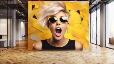 Woman wearing sunglasses and pulling a funny expression. Perfect for social media posts Wall mural