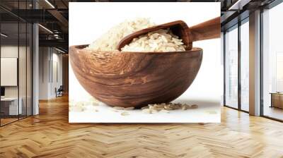 Wooden bowl filled with rice and a wooden spoon, ideal for food and kitchen concepts Wall mural