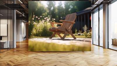 wooden chair chaise longue in the garden in summer. Generated by AI. Wall mural