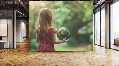 Young girl holding a green globe, suitable for educational and environmental concepts Wall mural