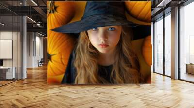 Young girl surrounded by pumpkins, wearing a witch hat for Halloween or fall celebrations Wall mural