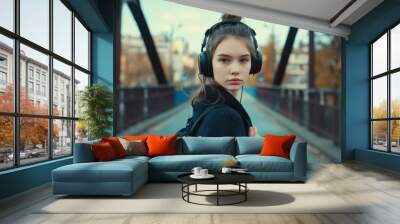 Young woman standing on a bridge wearing headphones Wall mural