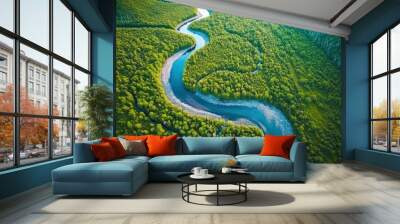 Unique aerial view of a winding river cutting through a vibrant green forest, save the planet concept. World Enviroment Day. Generative ai Wall mural