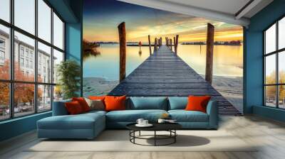 Architecture built walkway on the water with perspective, view art and calm water at sunny sunset Wall mural