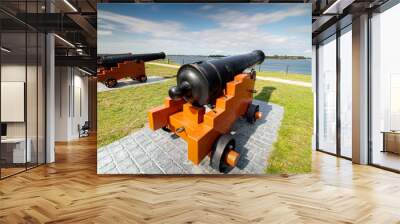 Cannons on the fortified walls of a fortress on the edge of the sea. Wall mural