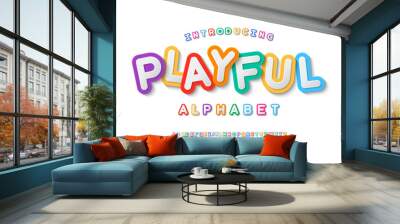 Colorful stylized kids alphabet design with uppercase, numbers and symbols Wall mural