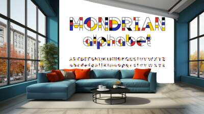 Mondrian art style alphabet design with uppercase, lowercase, numbers and symbols Wall mural