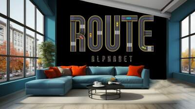 Road style alphabet design with uppercase, numbers, symbols and vehicles Wall mural