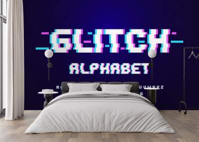 Vector glitch display font design with uppercase, numbers and symbols Wall mural