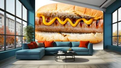 'A closeup of a bratwurst in a bun with mustard, isolated on a white background, highlighting the texture of the sausage and bun'  Wall mural