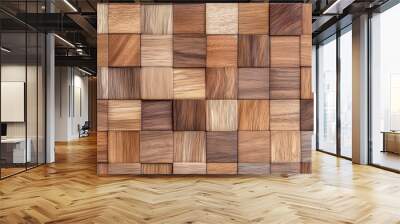 A background of parquet wood floor with small geometrically arranged blocks creating a complex elegant pattern in varying wood tones  Wall mural