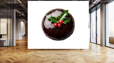 A collection of three chocolate Christmas puddings with holly decorations isolated on a transparent background, perfect for holiday celebrations Wall mural