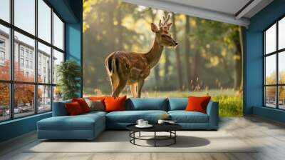 A deer in a forest clearing looking stressed  Wall mural