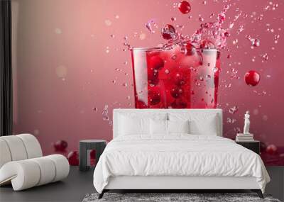 A glass of cranberry juice with splashing berries, dynamic and refreshing scene on gradient background  Wall mural