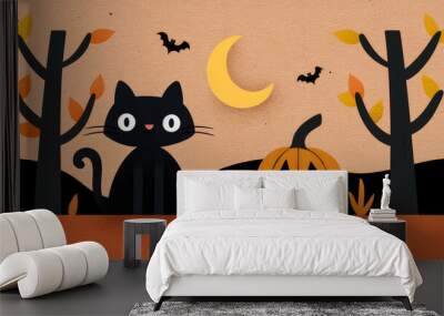 A vintage poster illustration capturing a spooky Halloween scene in muted orange and black with a haunting black cat and jack o lantern under a crescent moon  Wall mural