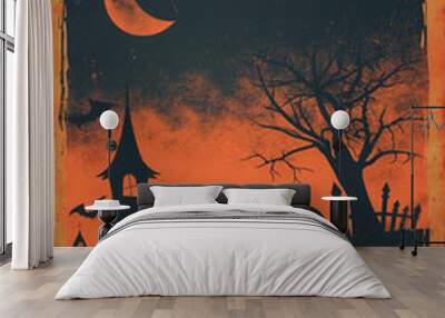 A vintage poster illustration capturing a spooky Halloween scene in muted orange and black with a haunting black cat and jack o lantern under a crescent moon  Wall mural