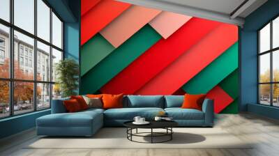 Abstract geometric pattern with overlapping triangles in shades of red and green on a gradient background with a festive glow  Wall mural