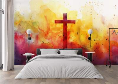 Abstract watercolor background with vibrant splashes of color and a central silhouette of a Christian cross, ideal for Easter holiday designs and spiritual concepts, with copy space Wall mural