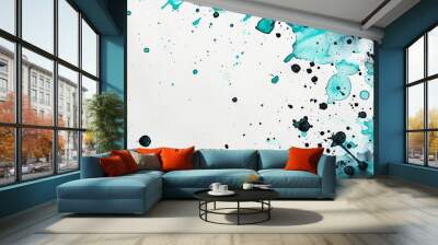 Abstract watercolor drops in turquoise and black on a white background, isolated with empty space for text  Wall mural